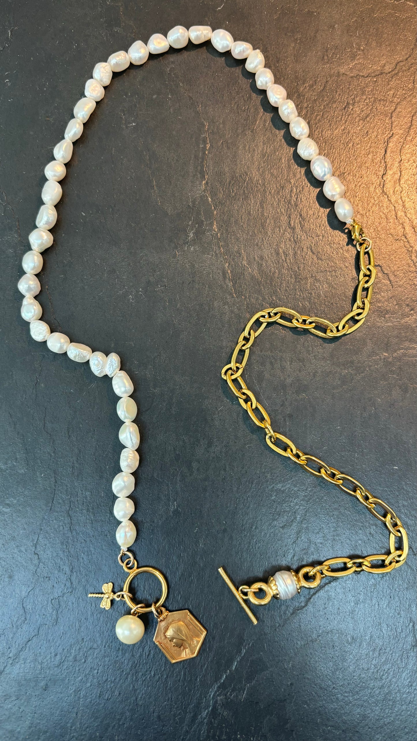 Long necklace with pearls and old medals