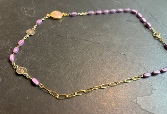 Collier chapelet mauve et quartz