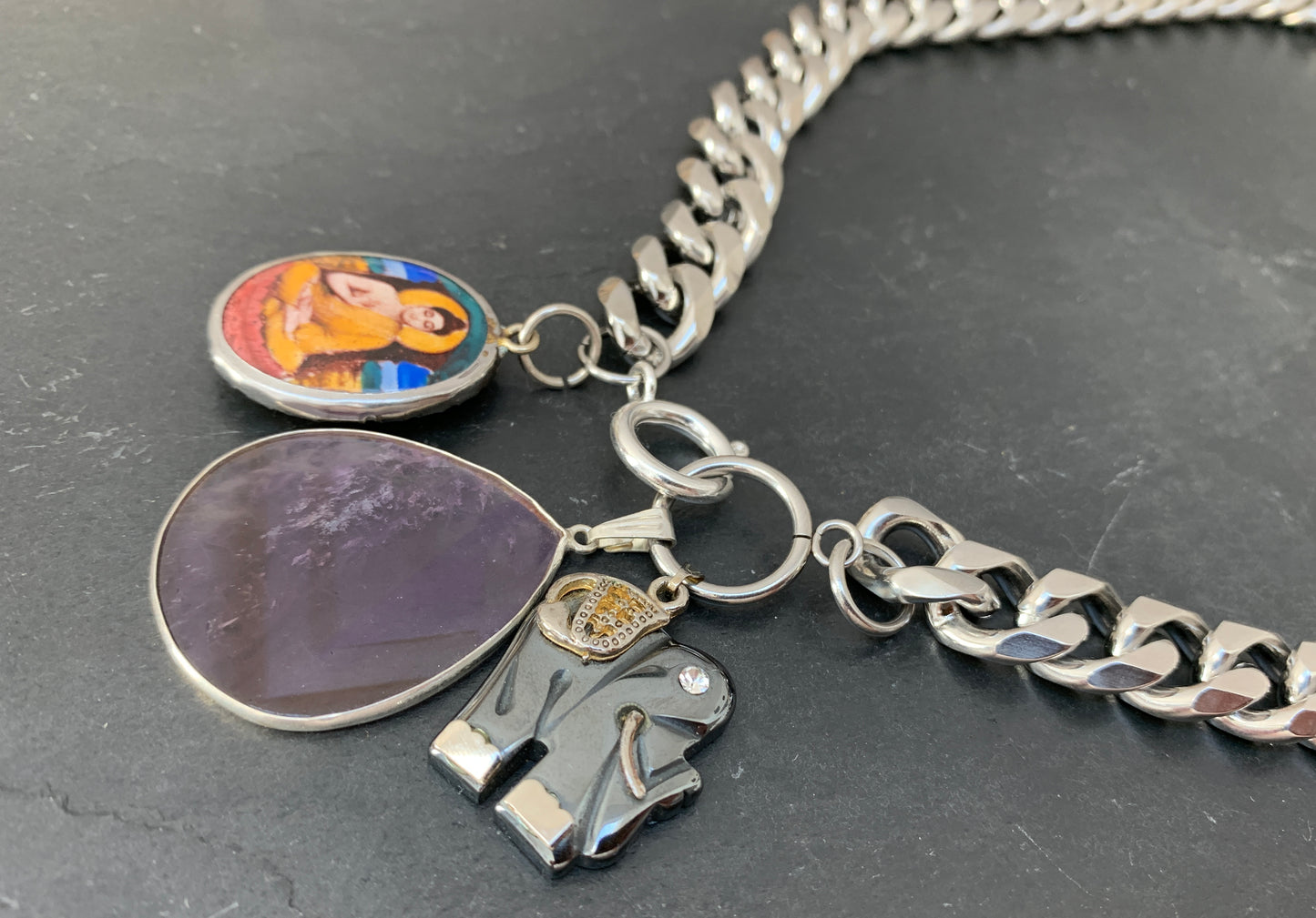 Curb necklace, amethyst, elephant and Buddha