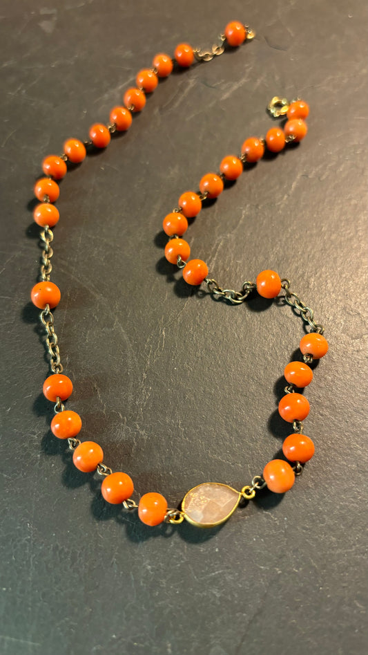 Old rosary necklace in coral and peach quartz