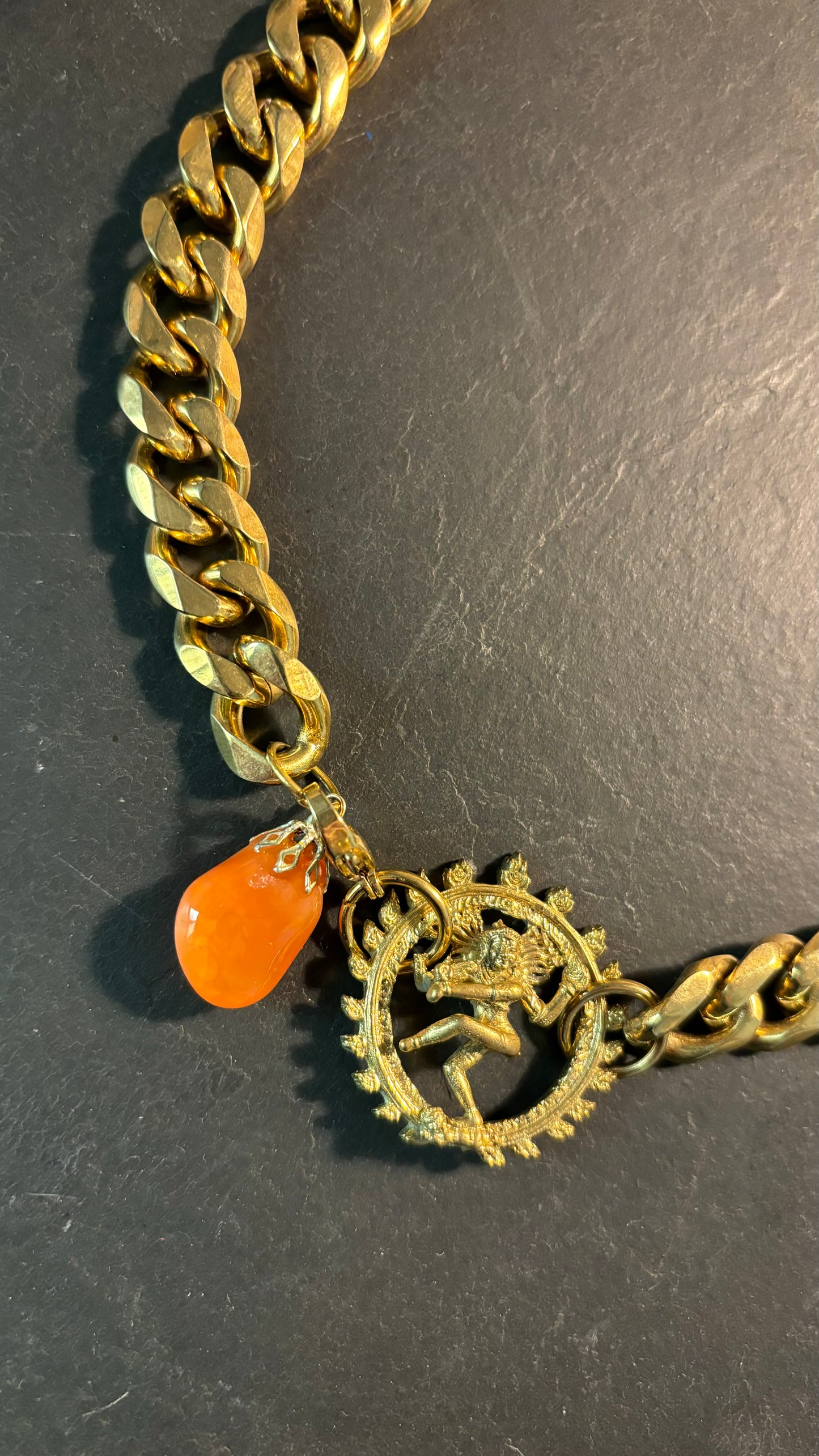 Curb necklace, Vishnu and carnelian drop