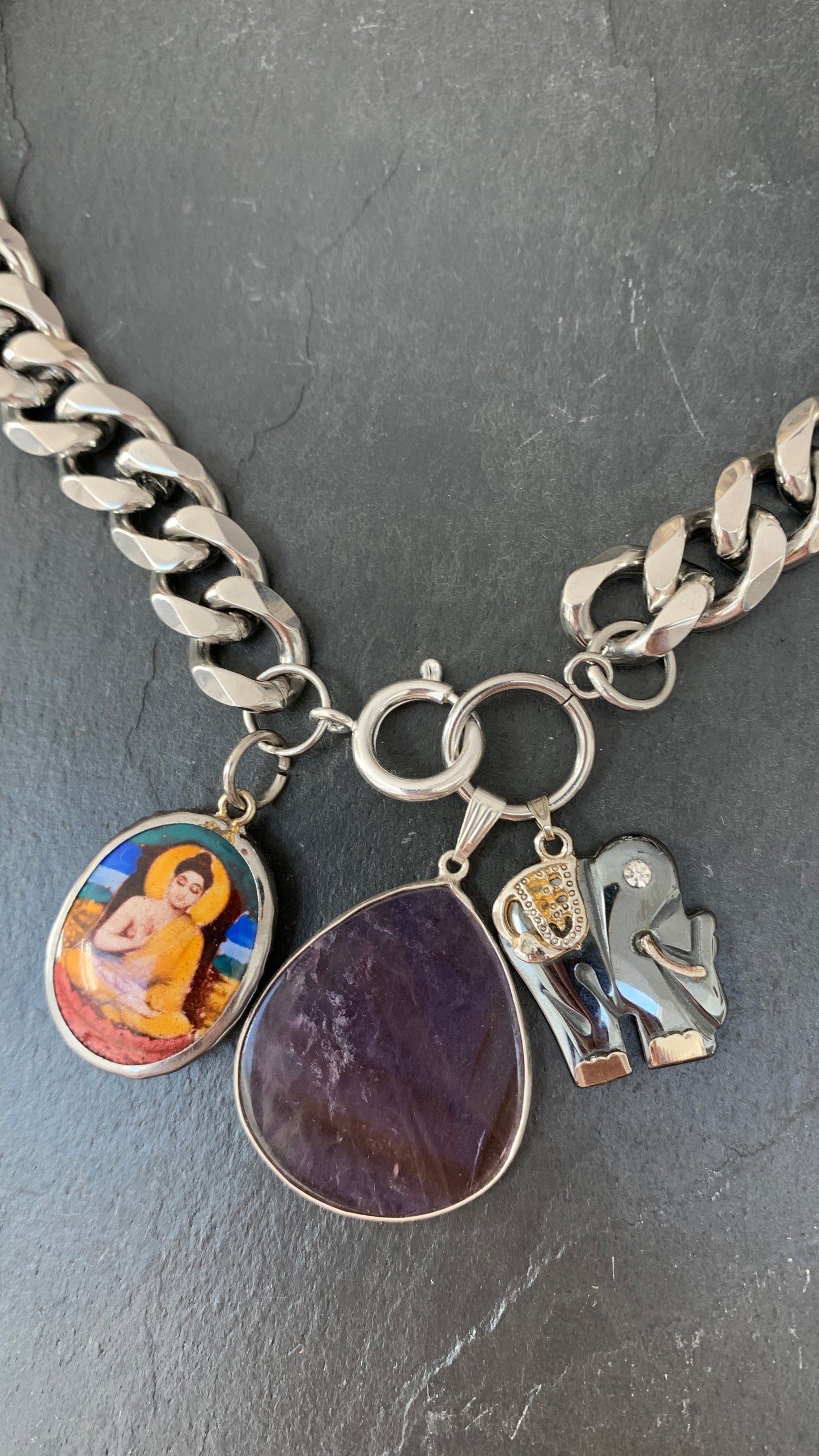 Curb necklace, amethyst, elephant and Buddha