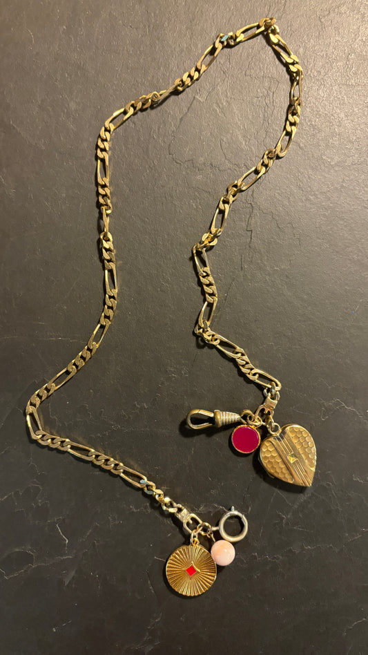 Collier gourmette, cœur à secret et agate rose